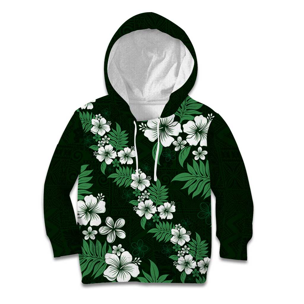 Hawaiian Hibiscus Tribal Floral Green Kid Hoodie Polynesian Tapa Pattern - Polynesian Pride