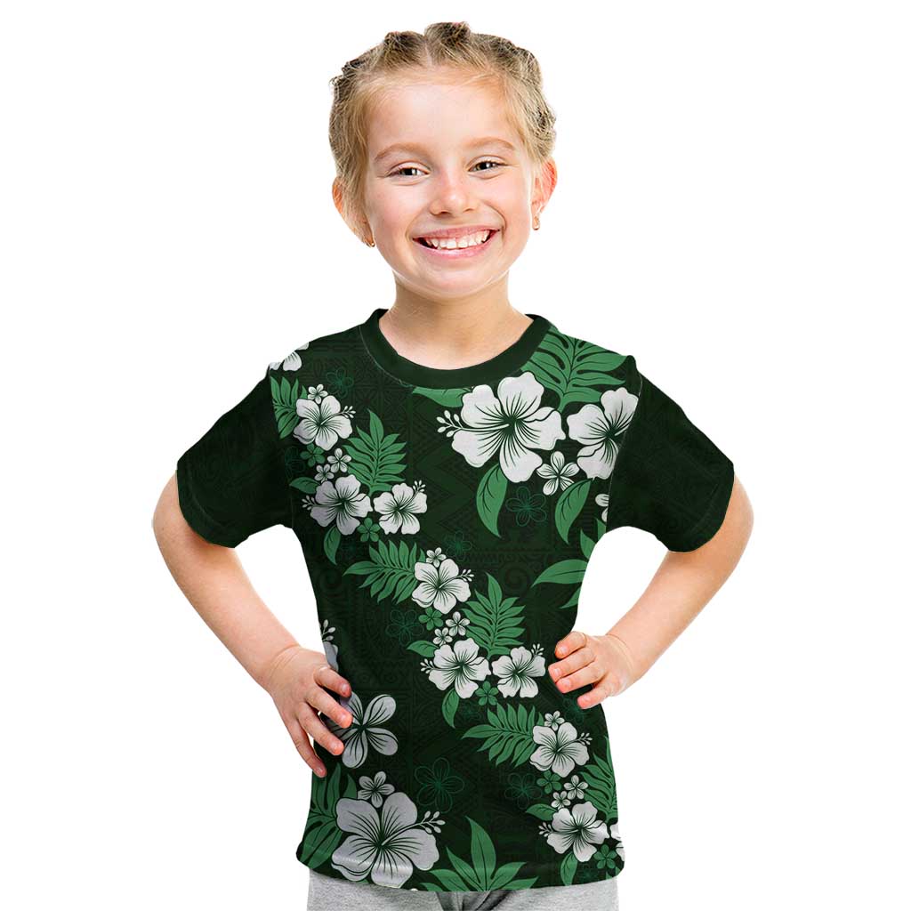 Hawaiian Hibiscus Tribal Floral Green Kid T Shirt Polynesian Tapa Pattern - Polynesian Pride