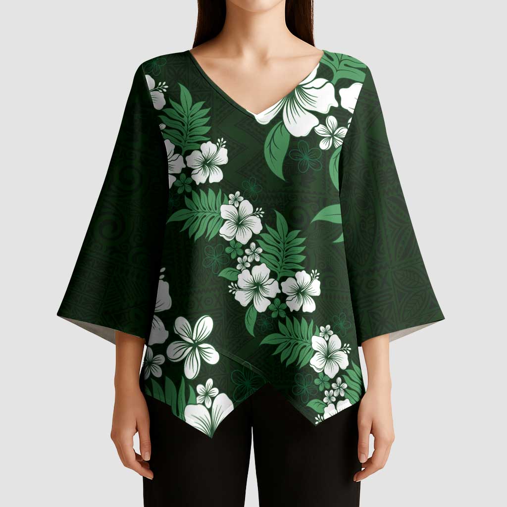 Hawaiian Hibiscus Tribal Floral Green Kimono Sleeve Blouse Polynesian Tapa Pattern - Polynesian Pride