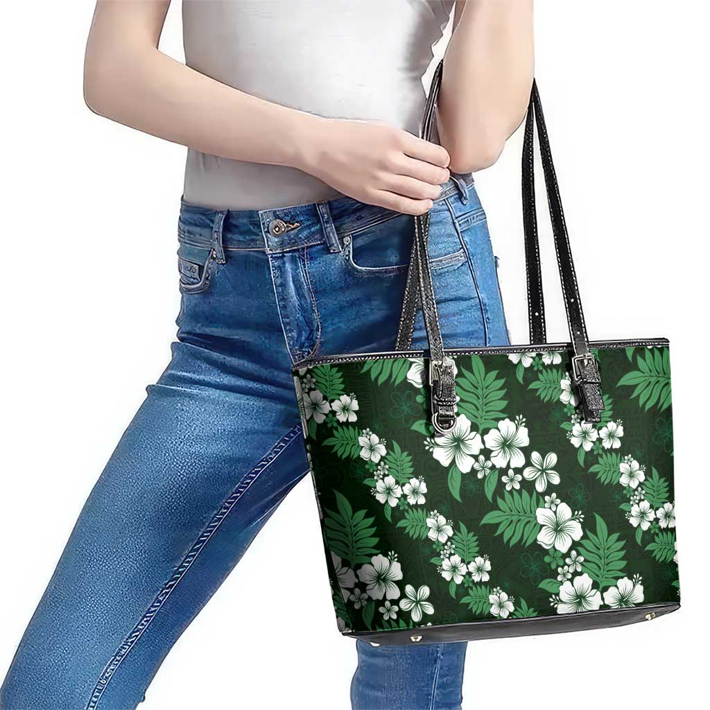 Hawaiian Hibiscus Tribal Floral Green Leather Tote Bag Polynesian Tapa Pattern - Polynesian Pride