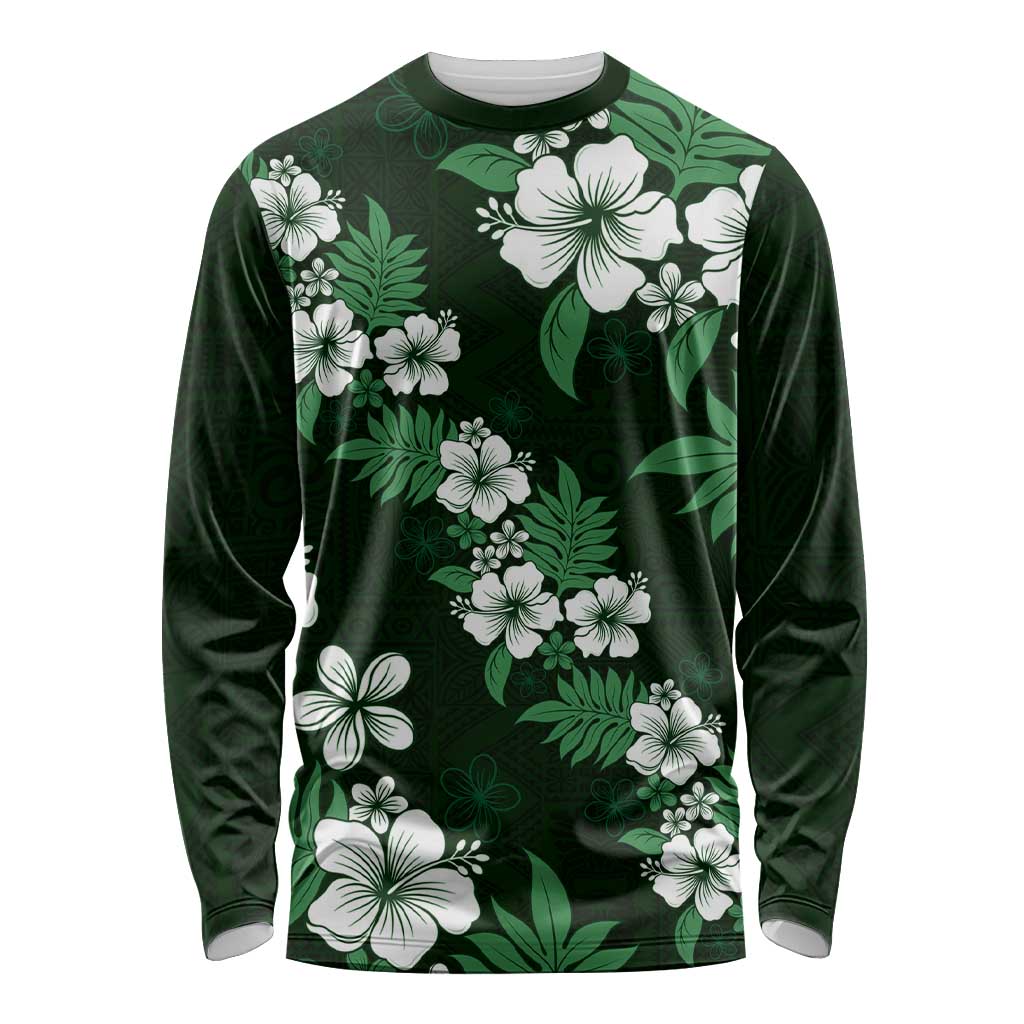 Hawaiian Hibiscus Tribal Floral Green Long Sleeve Shirt Polynesian Tapa Pattern - Polynesian Pride