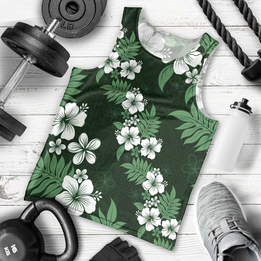Hawaiian Hibiscus Tribal Floral Green Men Tank Top Polynesian Tapa Pattern - Polynesian Pride