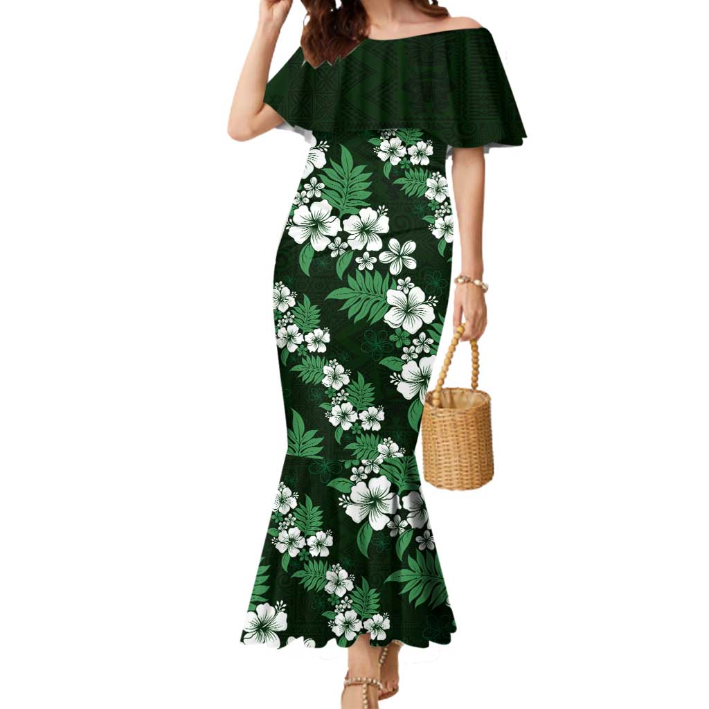 Hawaiian Hibiscus Tribal Floral Green Mermaid Dress Polynesian Tapa Pattern - Polynesian Pride