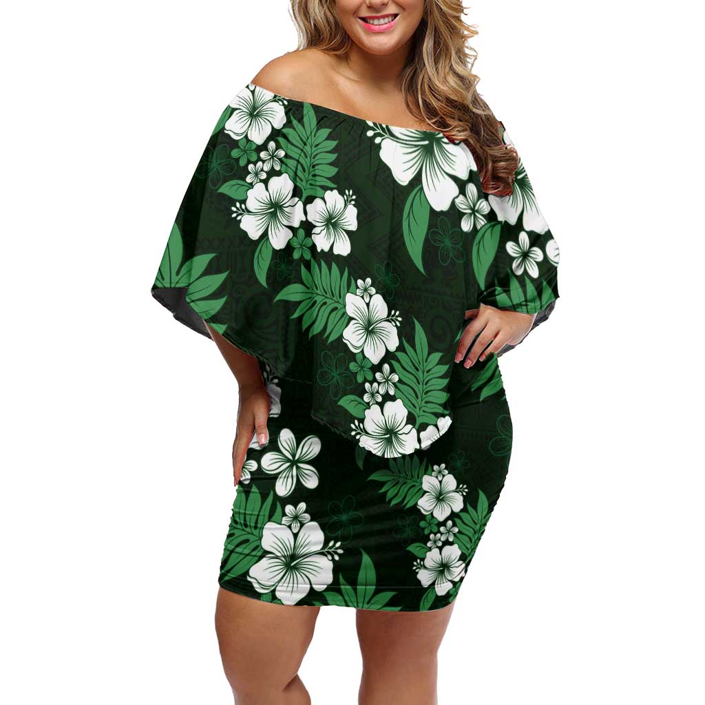 Hawaiian Hibiscus Tribal Floral Green Off Shoulder Short Dress Polynesian Tapa Pattern - Polynesian Pride