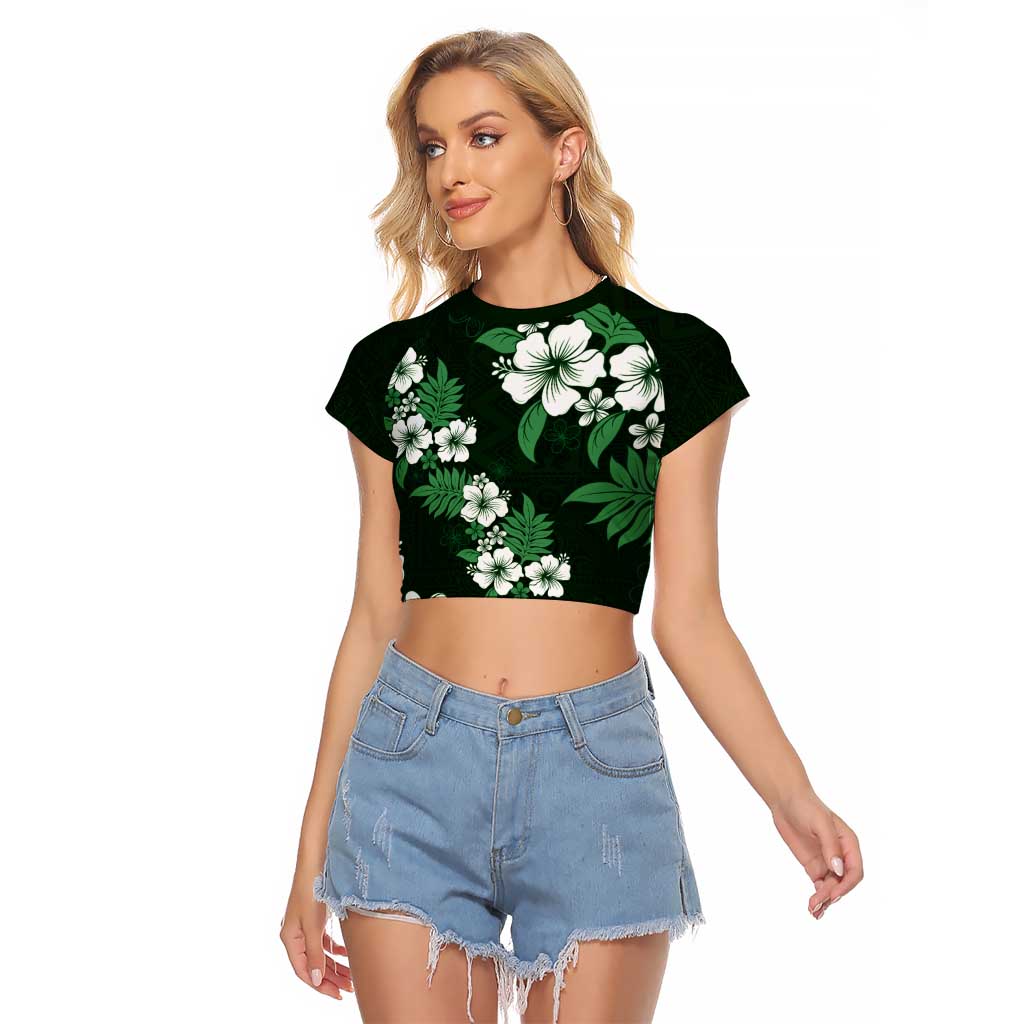 Hawaiian Hibiscus Tribal Floral Green Raglan Cropped T Shirt Polynesian Tapa Pattern - Polynesian Pride