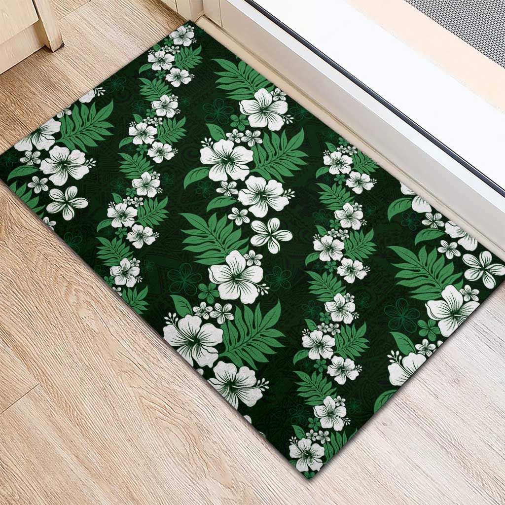 Hawaiian Hibiscus Tribal Floral Green Rubber Doormat Polynesian Tapa Pattern - Polynesian Pride