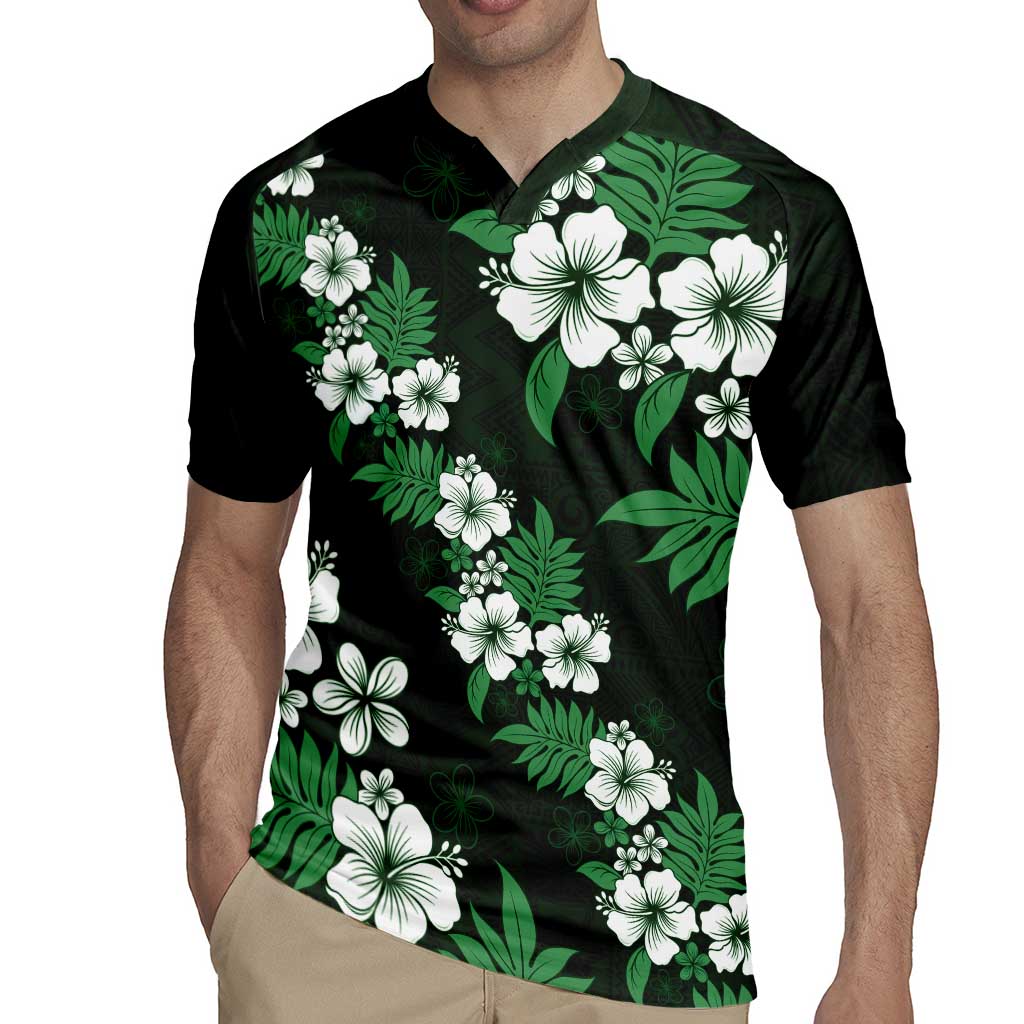 Hawaiian Hibiscus Tribal Floral Green Rugby Jersey Polynesian Tapa Pattern - Polynesian Pride
