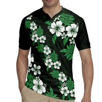 Hawaiian Hibiscus Tribal Floral Green Rugby Jersey Polynesian Tapa Pattern - Polynesian Pride