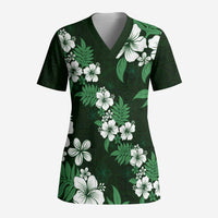 Hawaiian Hibiscus Tribal Floral Green Scrub Top Polynesian Tapa Pattern - Polynesian Pride