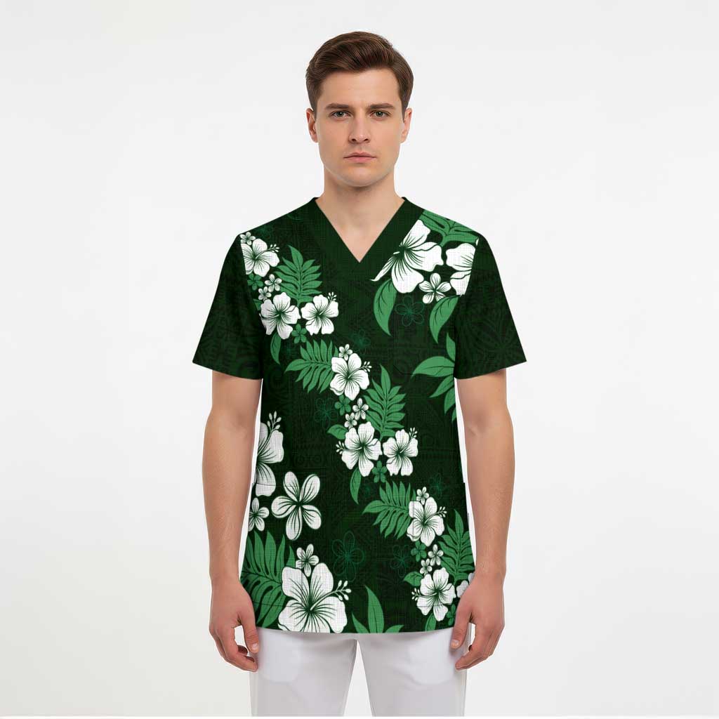 Hawaiian Hibiscus Tribal Floral Green Scrub Top Polynesian Tapa Pattern - Polynesian Pride