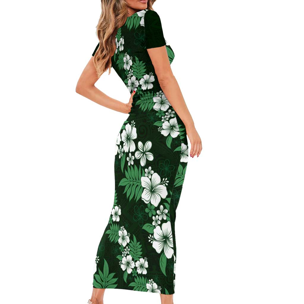Hawaiian Hibiscus Tribal Floral Green Short Sleeve Bodycon Dress Polynesian Tapa Pattern - Polynesian Pride