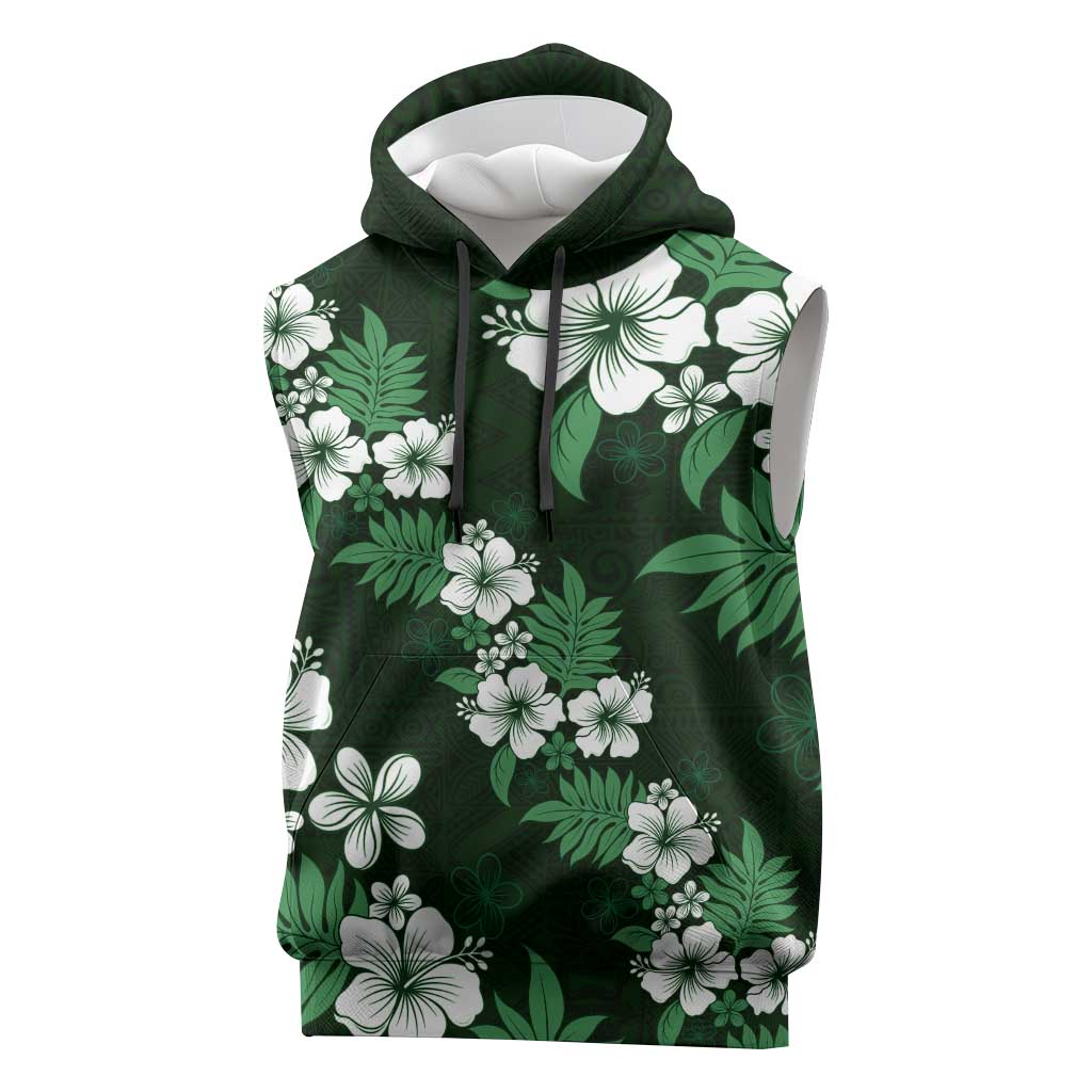 Hawaiian Hibiscus Tribal Floral Green Sleeveless Hoodie Polynesian Tapa Pattern - Polynesian Pride