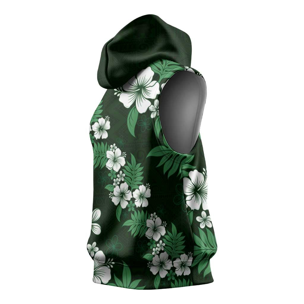 Hawaiian Hibiscus Tribal Floral Green Sleeveless Hoodie Polynesian Tapa Pattern - Polynesian Pride
