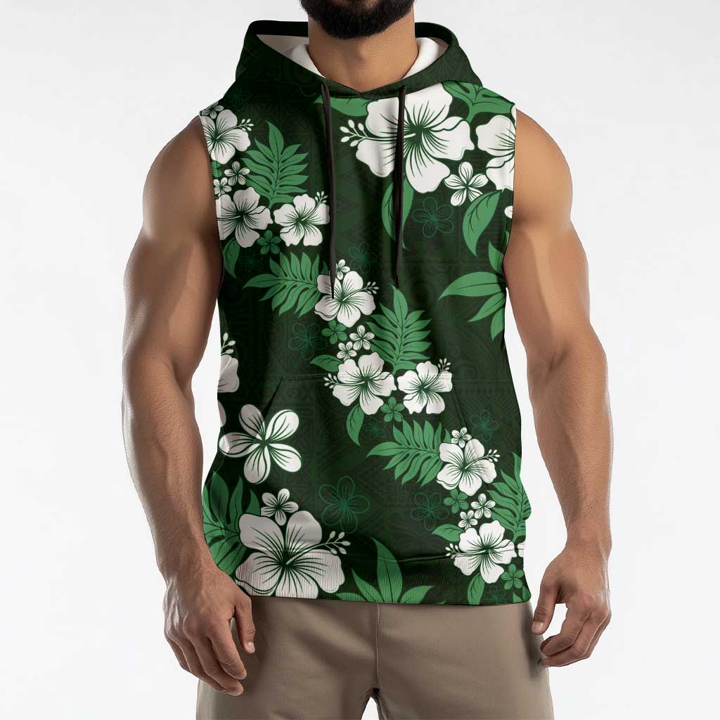 Hawaiian Hibiscus Tribal Floral Green Sleeveless Hoodie Polynesian Tapa Pattern - Polynesian Pride