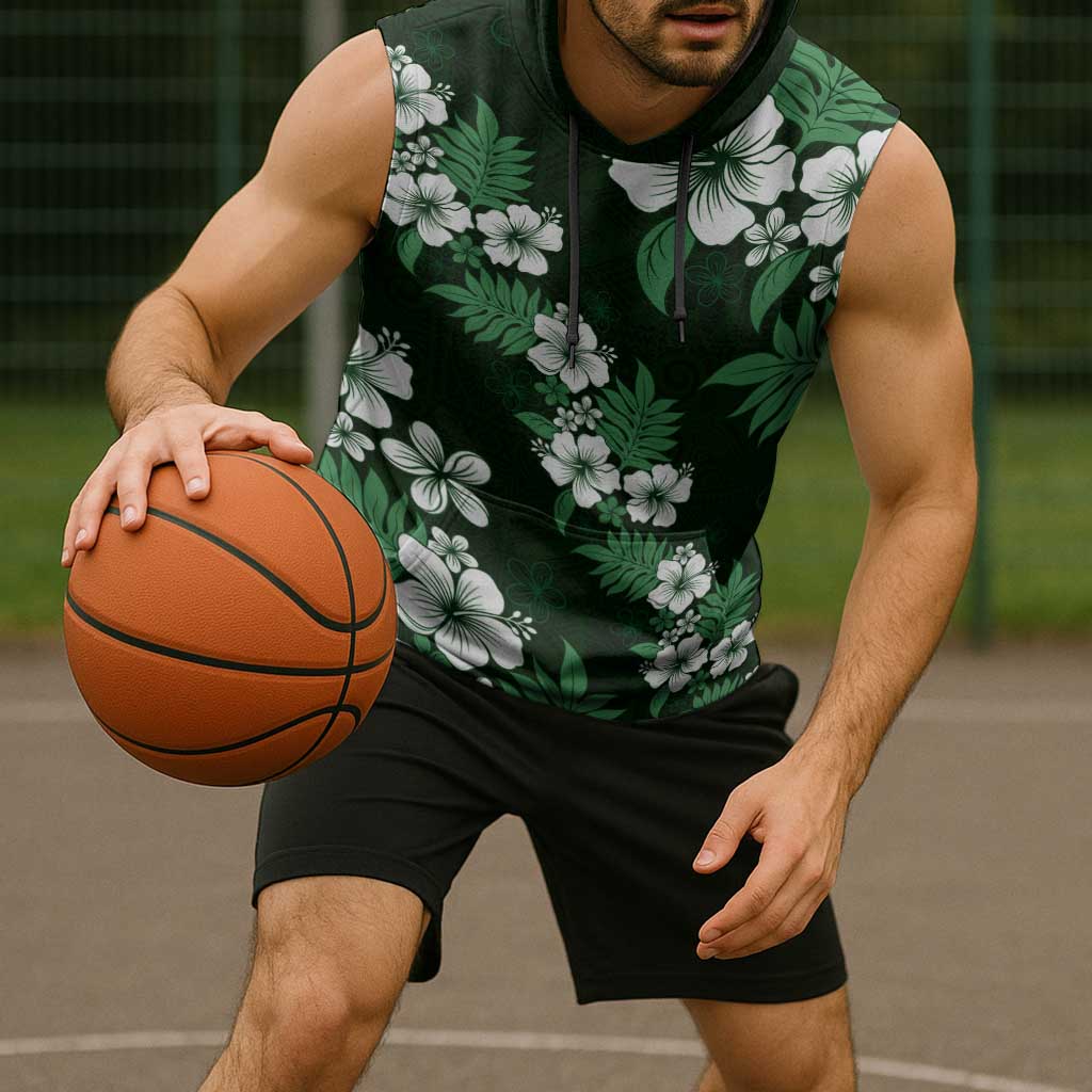 Hawaiian Hibiscus Tribal Floral Green Sleeveless Hoodie Polynesian Tapa Pattern - Polynesian Pride