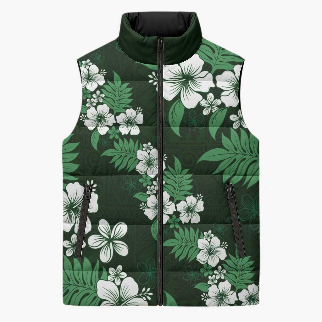 Hawaiian Hibiscus Tribal Floral Green Sleeveless Puffer Jacket Polynesian Tapa Pattern - Polynesian Pride