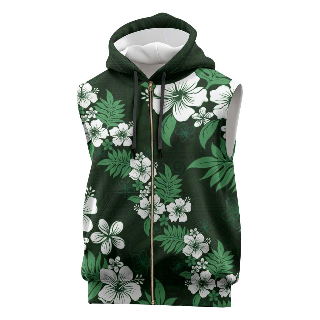Hawaiian Hibiscus Tribal Floral Green Sleeveless Zip Hoodie Polynesian Tapa Pattern - Polynesian Pride
