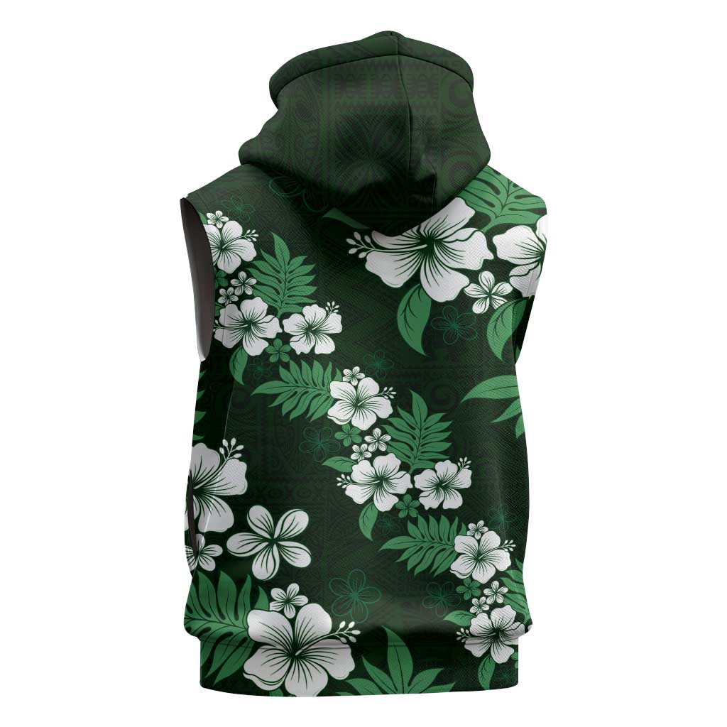 Hawaiian Hibiscus Tribal Floral Green Sleeveless Zip Hoodie Polynesian Tapa Pattern - Polynesian Pride