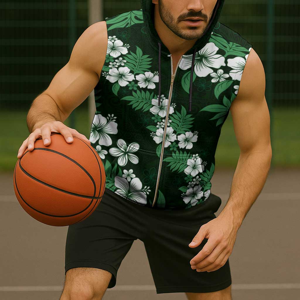 Hawaiian Hibiscus Tribal Floral Green Sleeveless Zip Hoodie Polynesian Tapa Pattern - Polynesian Pride