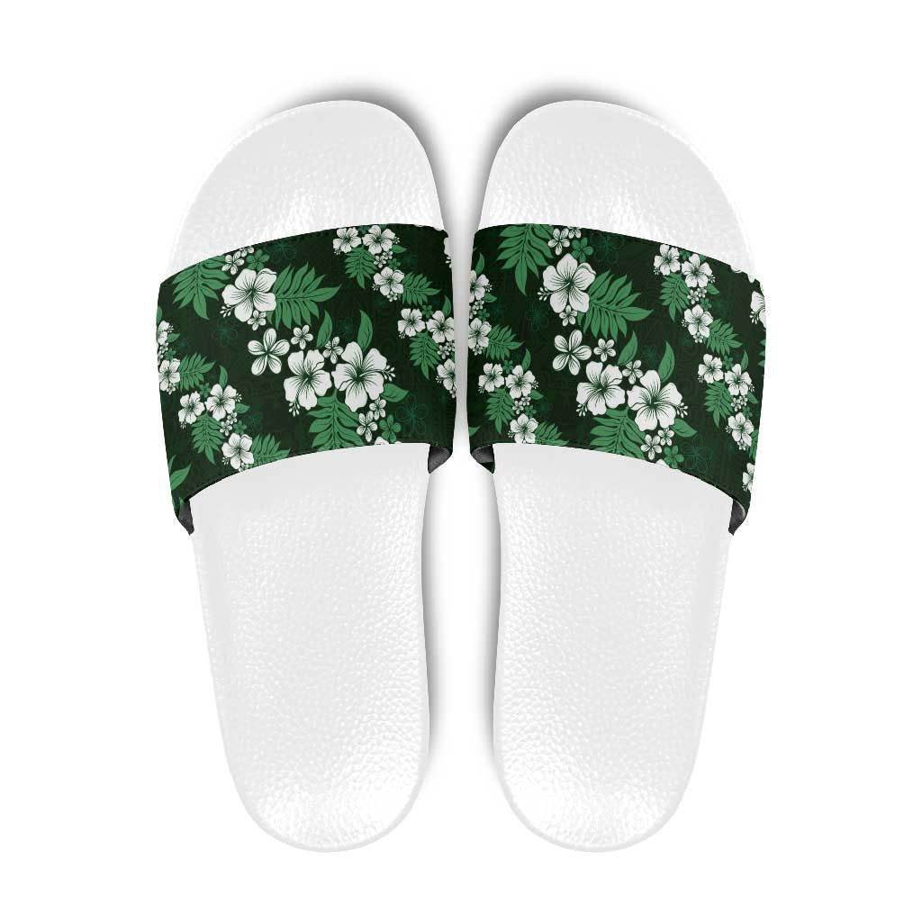 Hawaiian Hibiscus Tribal Floral Green Slide Sandals Polynesian Tapa Pattern - Polynesian Pride