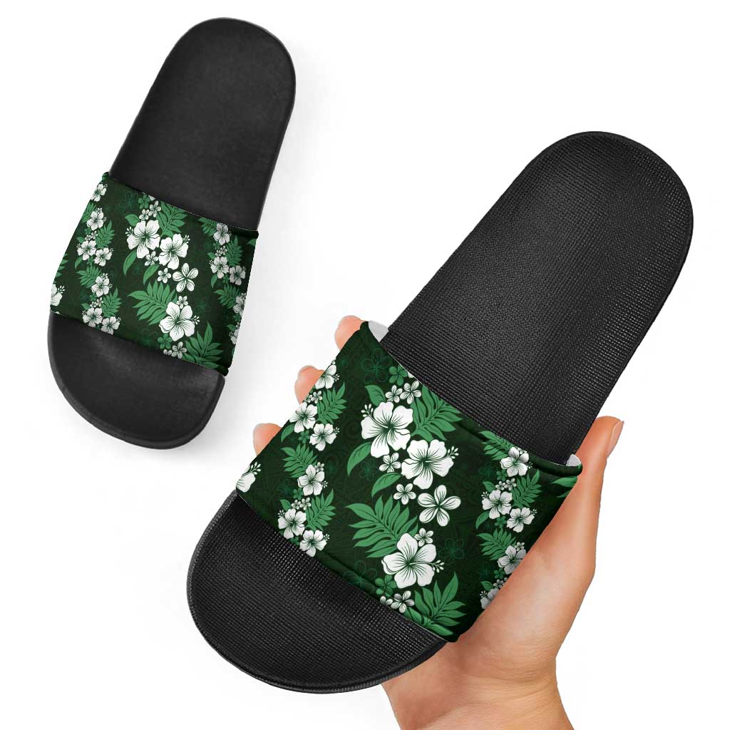 Hawaiian Hibiscus Tribal Floral Green Slide Sandals Polynesian Tapa Pattern - Polynesian Pride