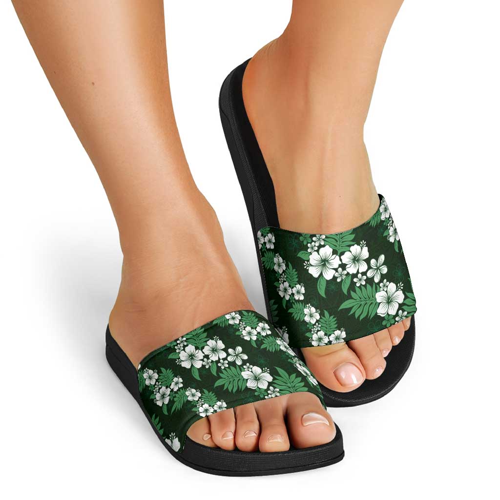 Hawaiian Hibiscus Tribal Floral Green Slide Sandals Polynesian Tapa Pattern - Polynesian Pride