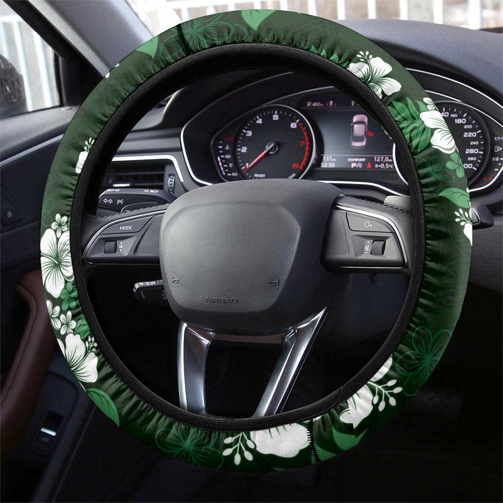 Hawaiian Hibiscus Tribal Floral Green Steering Wheel Cover Polynesian Tapa Pattern - Polynesian Pride