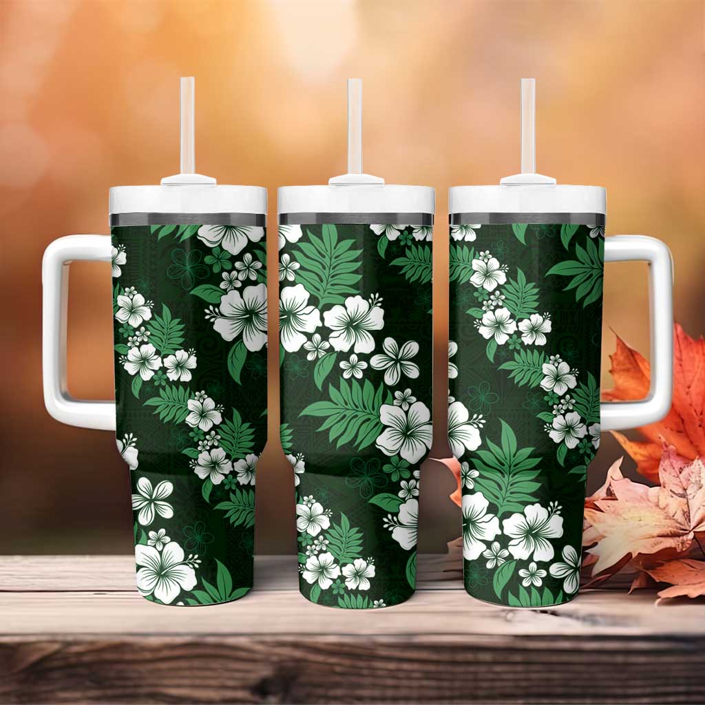 Hawaiian Hibiscus Tribal Floral Green Tumbler With Handle Polynesian Tapa Pattern - Polynesian Pride