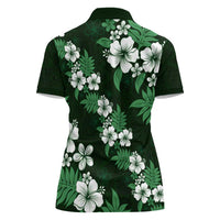Hawaiian Hibiscus Tribal Floral Green Women Polo Shirt Polynesian Tapa Pattern - Polynesian Pride