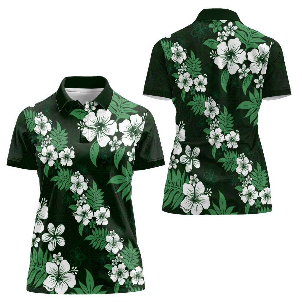 Hawaiian Hibiscus Tribal Floral Green Women Polo Shirt Polynesian Tapa Pattern - Polynesian Pride