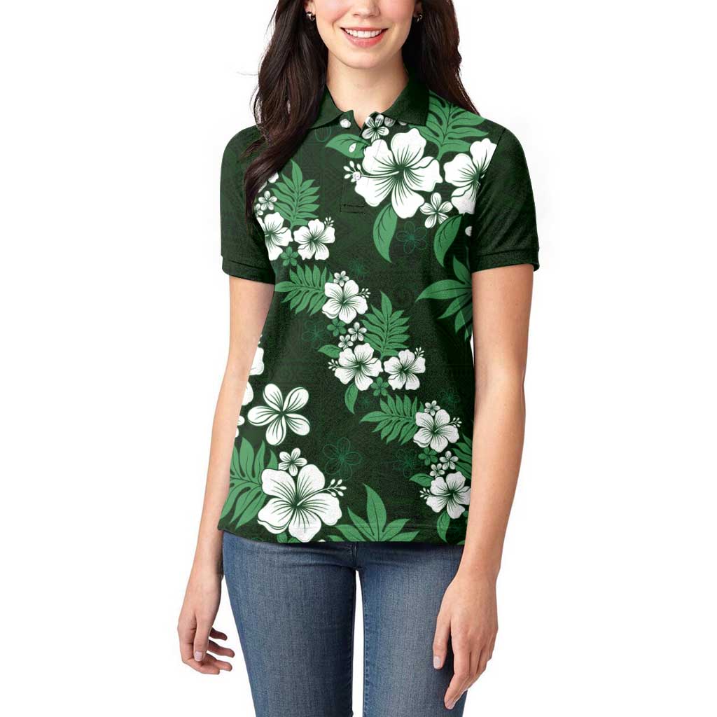 Hawaiian Hibiscus Tribal Floral Green Women Polo Shirt Polynesian Tapa Pattern - Polynesian Pride