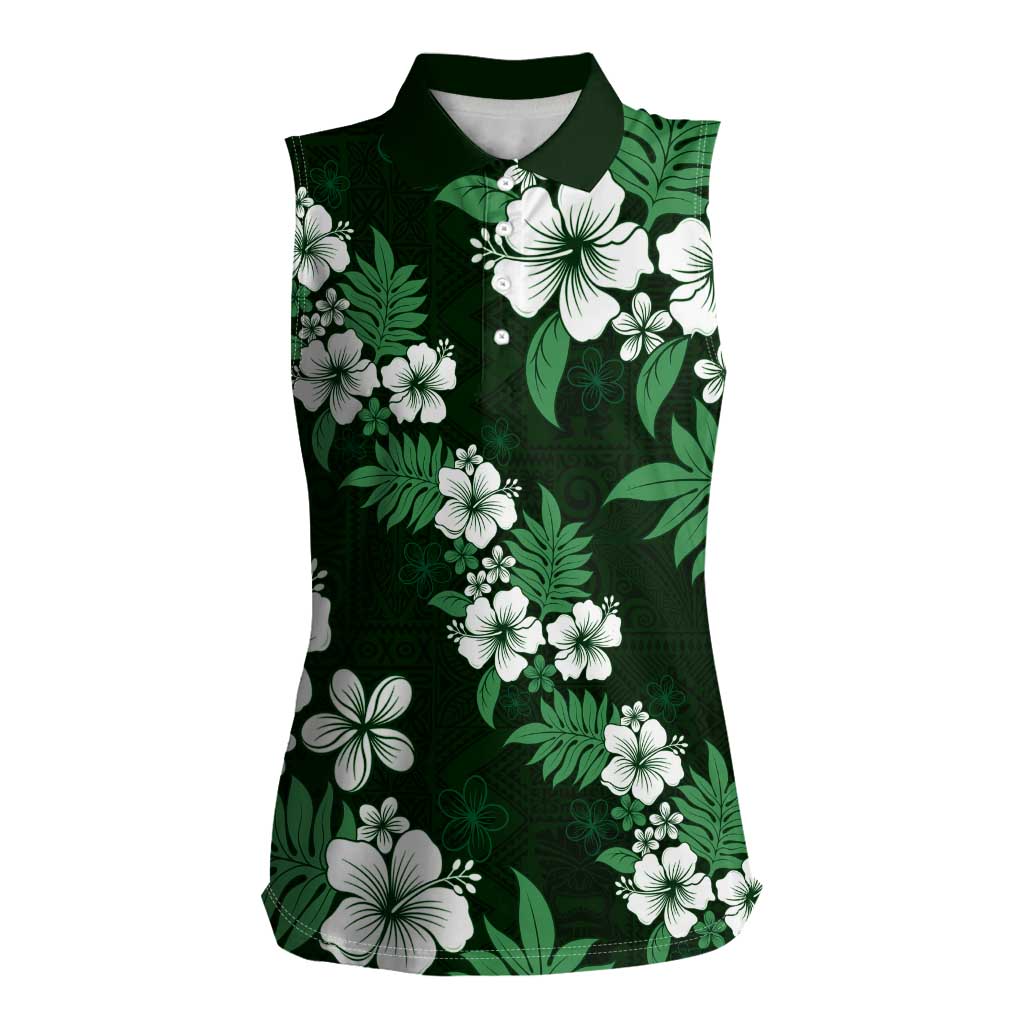 Hawaiian Hibiscus Tribal Floral Green Women Sleeveless Polo Shirt Polynesian Tapa Pattern - Polynesian Pride