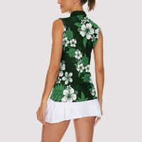 Hawaiian Hibiscus Tribal Floral Green Women Sleeveless Polo Shirt Polynesian Tapa Pattern - Polynesian Pride