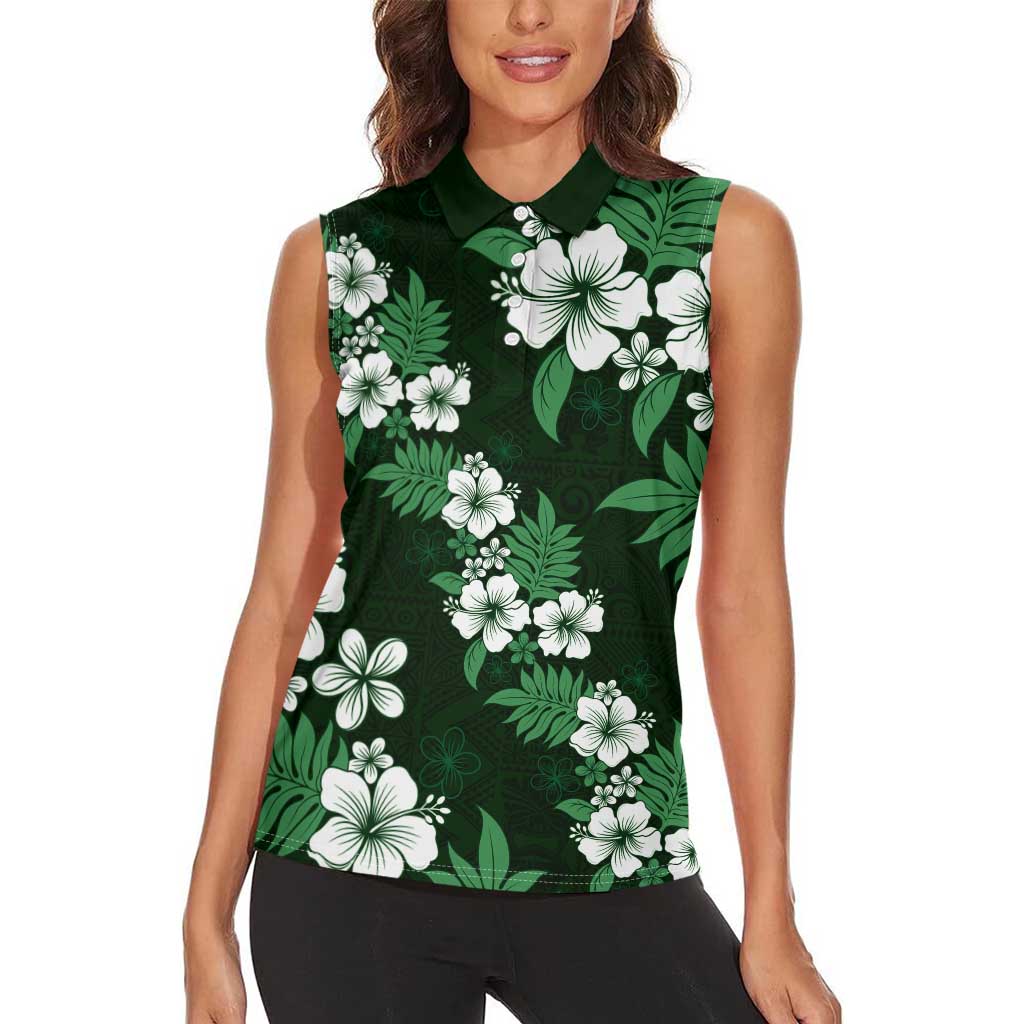 Hawaiian Hibiscus Tribal Floral Green Women Sleeveless Polo Shirt Polynesian Tapa Pattern - Polynesian Pride