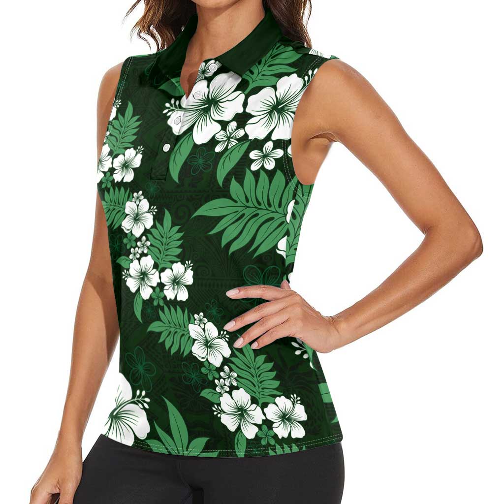 Hawaiian Hibiscus Tribal Floral Green Women Sleeveless Polo Shirt Polynesian Tapa Pattern - Polynesian Pride