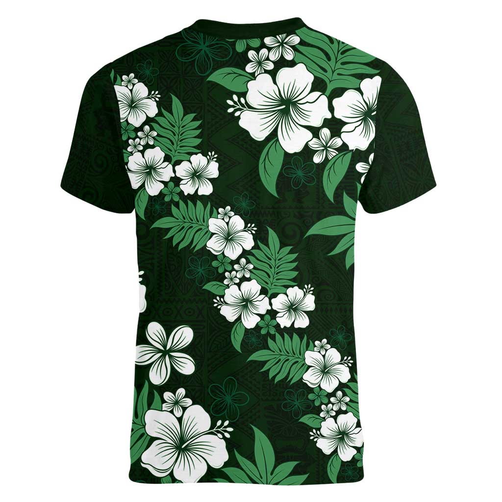 Hawaiian Hibiscus Tribal Floral Green Women V-Neck T-Shirt Polynesian Tapa Pattern - Polynesian Pride