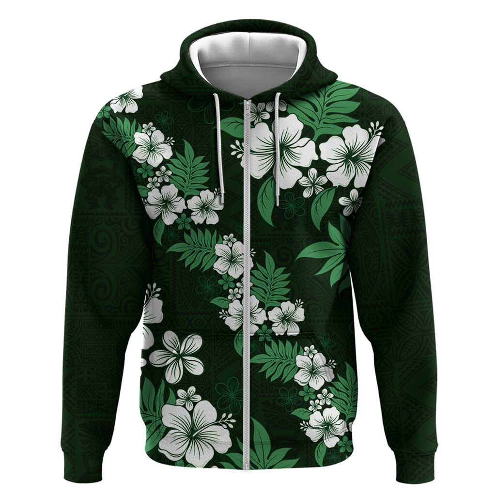 Hawaiian Hibiscus Tribal Floral Green Zip Hoodie Polynesian Tapa Pattern - Polynesian Pride