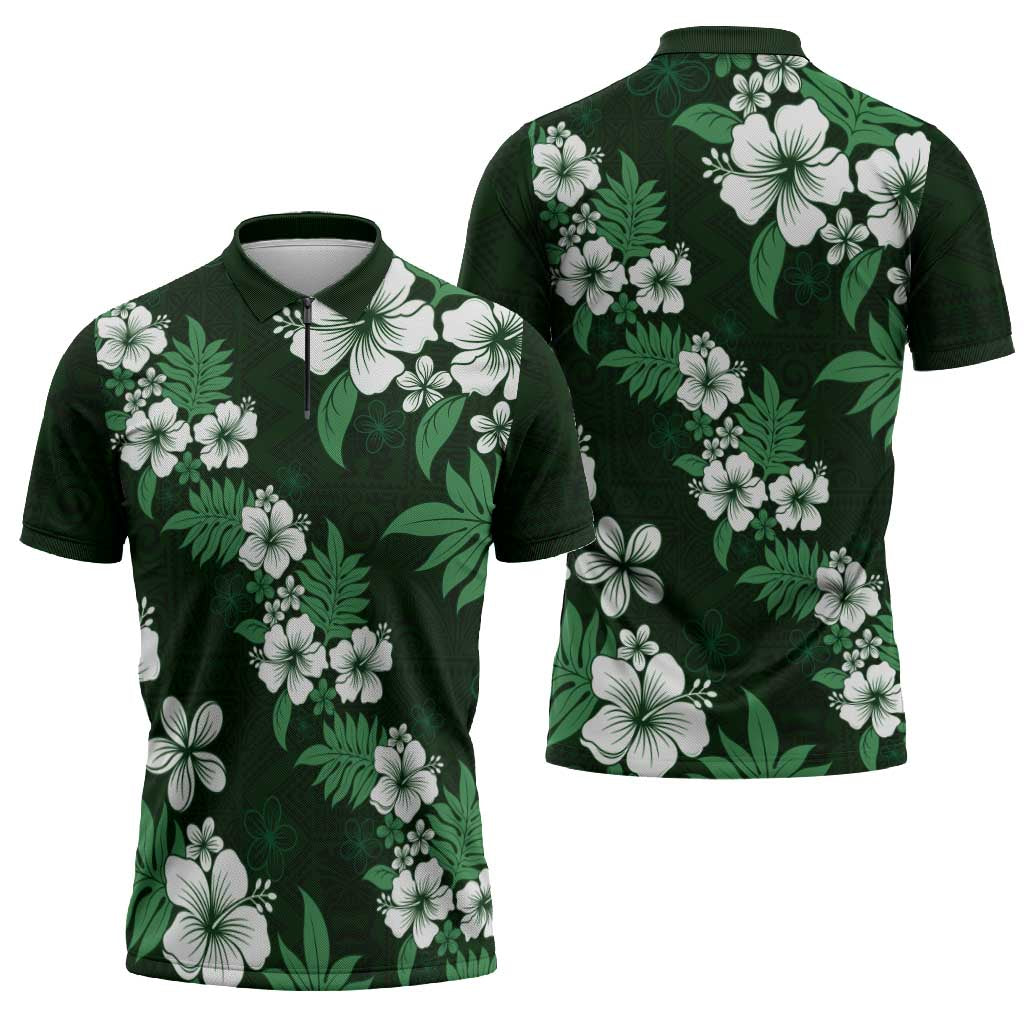 Hawaiian Hibiscus Tribal Floral Green Zipper Polo Shirt Polynesian Tapa Pattern - Polynesian Pride