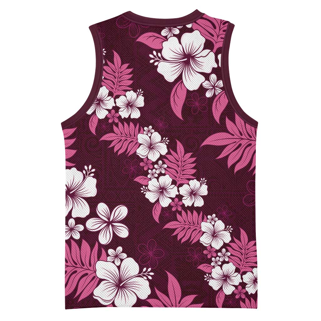 Hawaiian Hibiscus Tribal Floral Pink Basketball Jersey Polynesian Tapa Pattern - Polynesian Pride