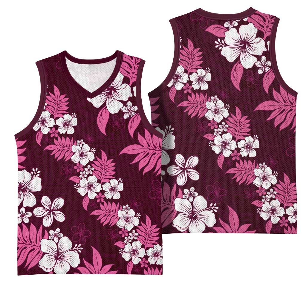 Hawaiian Hibiscus Tribal Floral Pink Basketball Jersey Polynesian Tapa Pattern - Polynesian Pride