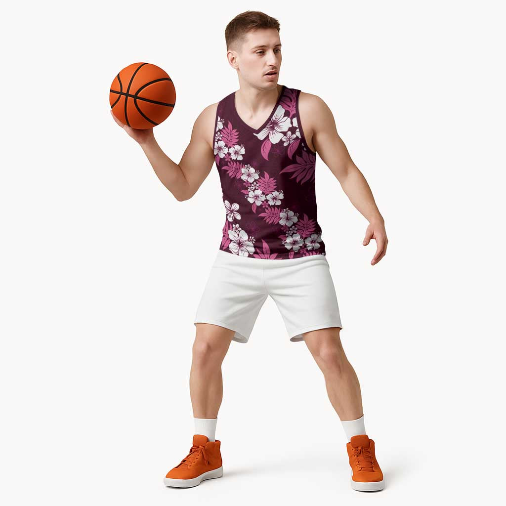 Hawaiian Hibiscus Tribal Floral Pink Basketball Jersey Polynesian Tapa Pattern - Polynesian Pride