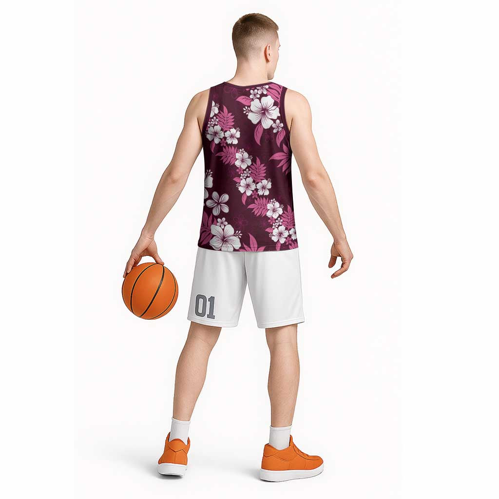 Hawaiian Hibiscus Tribal Floral Pink Basketball Jersey Polynesian Tapa Pattern - Polynesian Pride