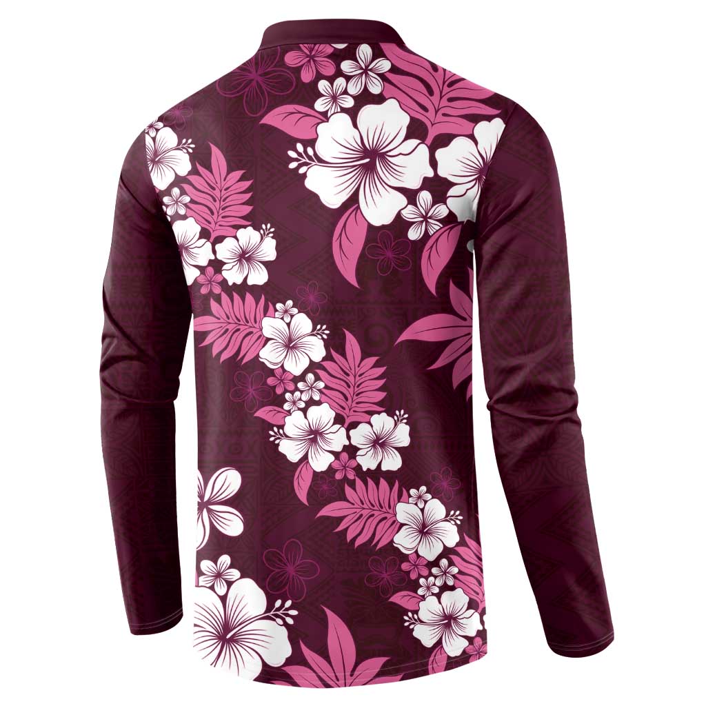 Hawaiian Hibiscus Tribal Floral Pink Button Sweatshirt Polynesian Tapa Pattern - Polynesian Pride
