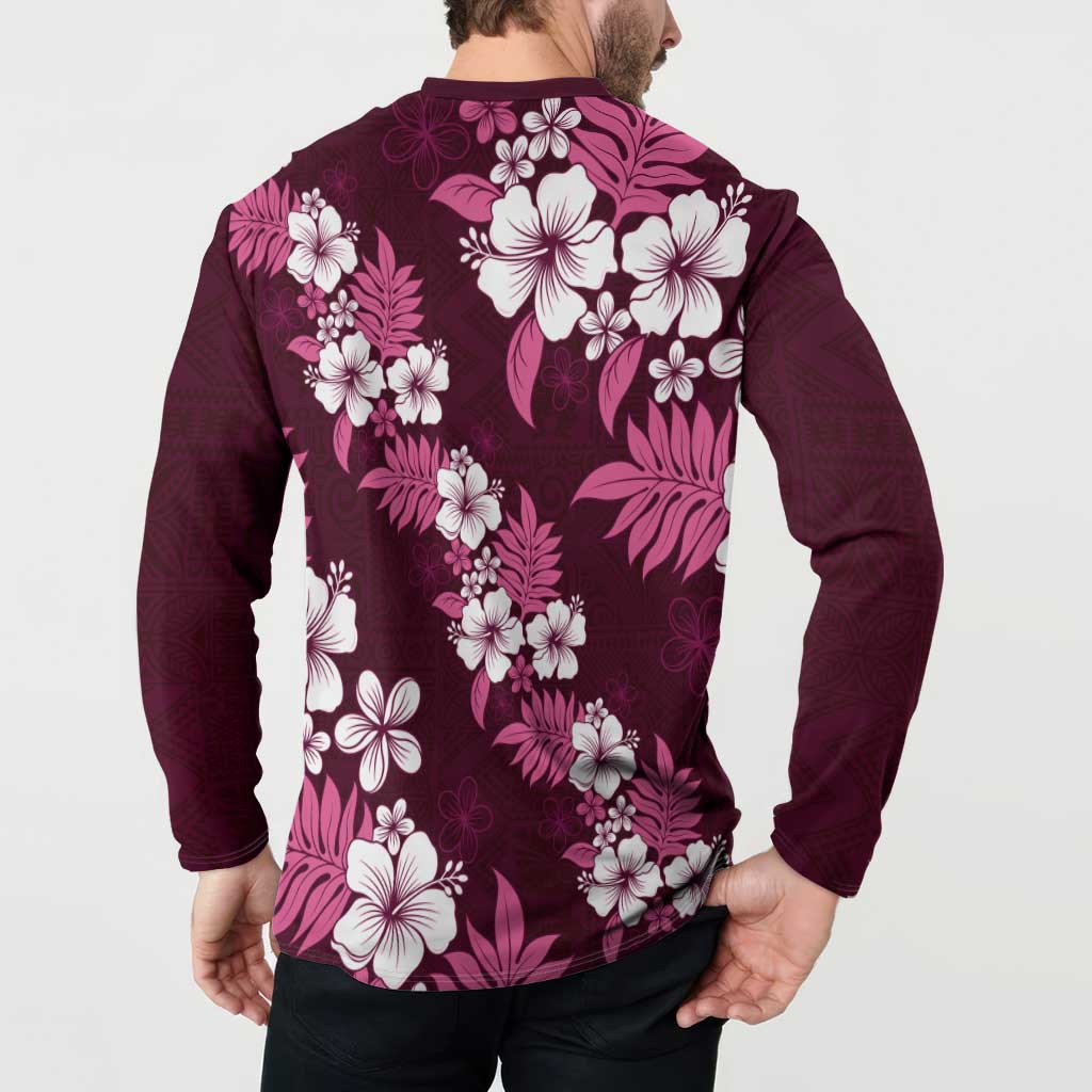 Hawaiian Hibiscus Tribal Floral Pink Button Sweatshirt Polynesian Tapa Pattern - Polynesian Pride