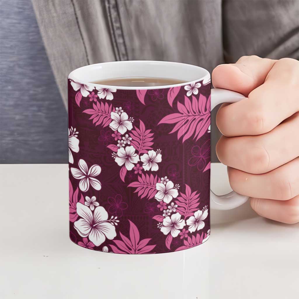 Hawaiian Hibiscus Tribal Floral Pink Ceramic Mug Polynesian Tapa Pattern - Polynesian Pride