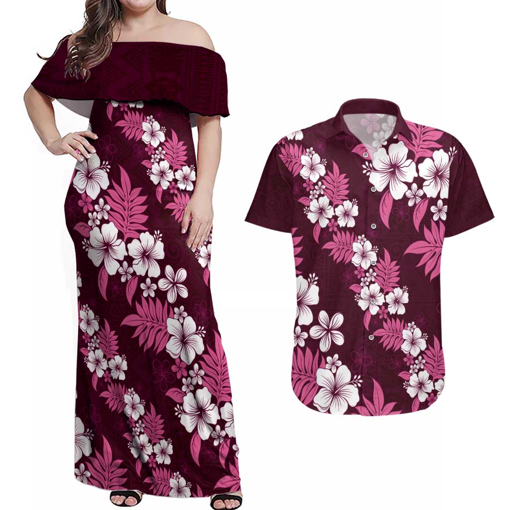Hawaiian Hibiscus Tribal Floral Pink Couples Matching Off Shoulder Maxi Dress and Hawaiian Shirt Polynesian Tapa Pattern - Polynesian Pride