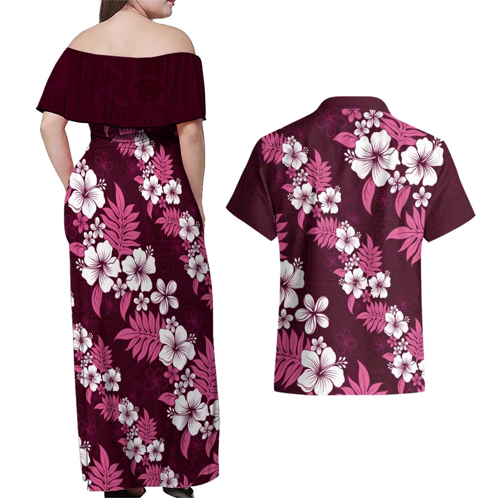 Hawaiian Hibiscus Tribal Floral Pink Couples Matching Off Shoulder Maxi Dress and Hawaiian Shirt Polynesian Tapa Pattern - Polynesian Pride