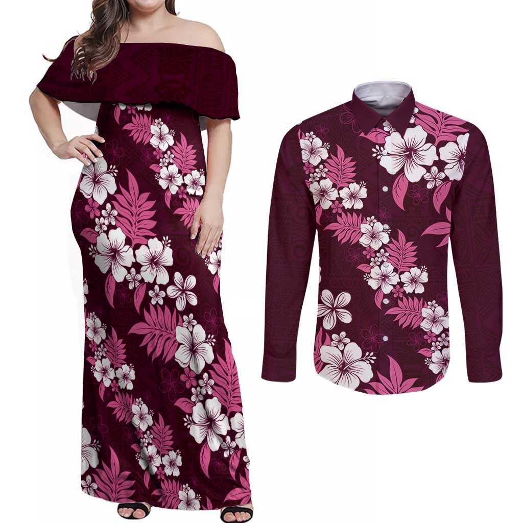 Hawaiian Hibiscus Tribal Floral Pink Couples Matching Off Shoulder Maxi Dress and Long Sleeve Button Shirt Polynesian Tapa Pattern - Polynesian Pride