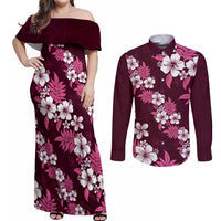 Hawaiian Hibiscus Tribal Floral Pink Couples Matching Off Shoulder Maxi Dress and Long Sleeve Button Shirt Polynesian Tapa Pattern - Polynesian Pride