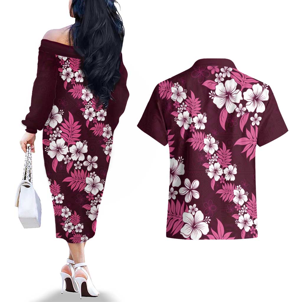 Hawaiian Hibiscus Tribal Floral Pink Couples Matching Off The Shoulder Long Sleeve Dress and Hawaiian Shirt Polynesian Tapa Pattern - Polynesian Pride